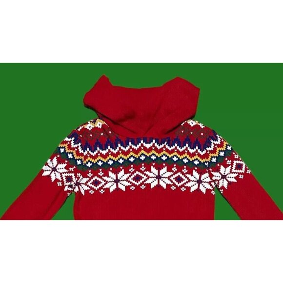 NEW-6X Girls Polo-Ralph Lauren Fair Isle Waffle-Knit Hooded Red Christmas Dress - Picture 7 of 9